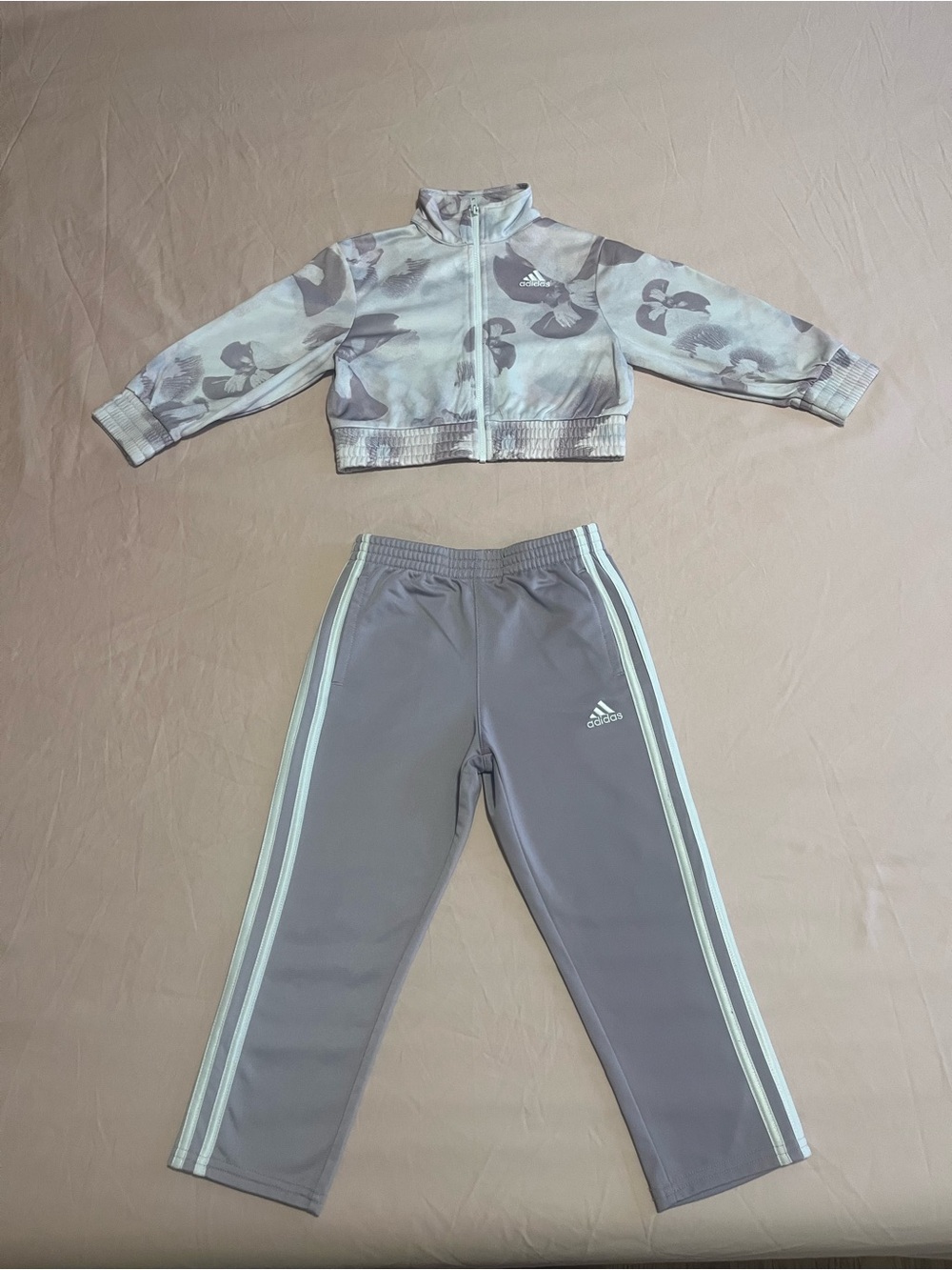 adidas Kids Gray Floral Cropped Track Jacket & Gray Joggers